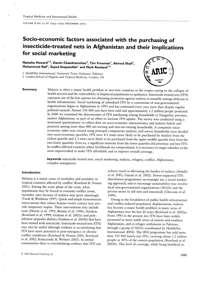 Socio-economic factors associated with the purchasing of insecticide-treated nets in Afghanistan and their implications for social marketing / Natasha Howard ... [et. al] — cover