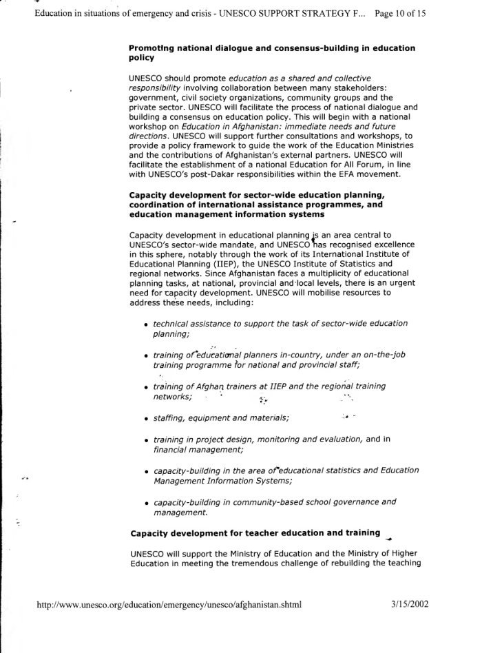 UNESCO support strategy for educational reconstruction in Afghanistan / United Nations Educational, Scientific and Cultural Organization — cover