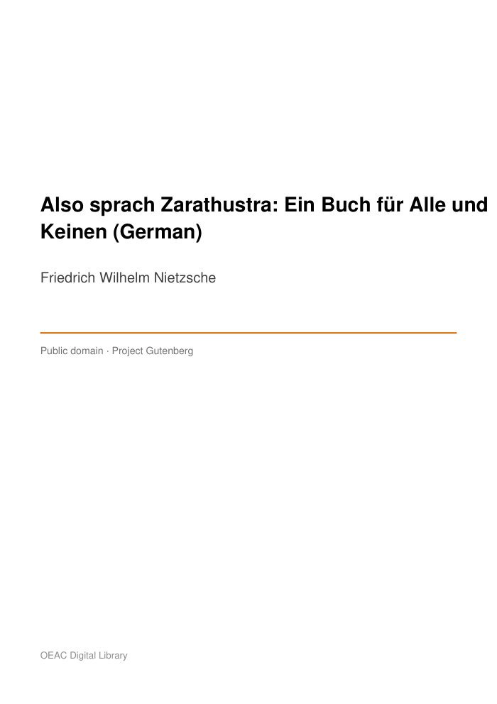 Also sprach Zarathustra: Ein Buch für Alle und Keinen (German) — cover
