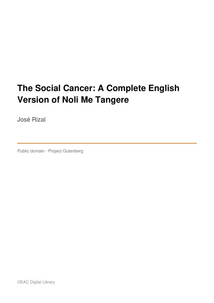 The Social Cancer: A Complete English Version of Noli Me Tangere cover
