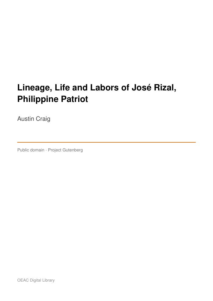 Lineage, Life and Labors of José Rizal, Philippine Patriot — cover