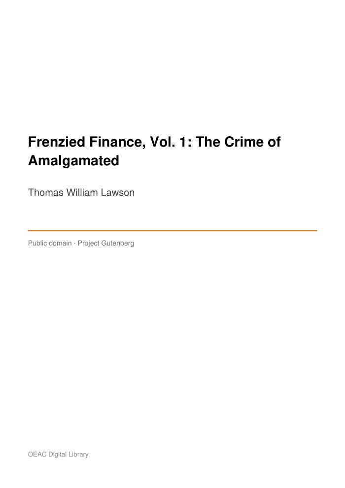 Frenzied Finance, Vol. 1: The Crime of Amalgamated — cover