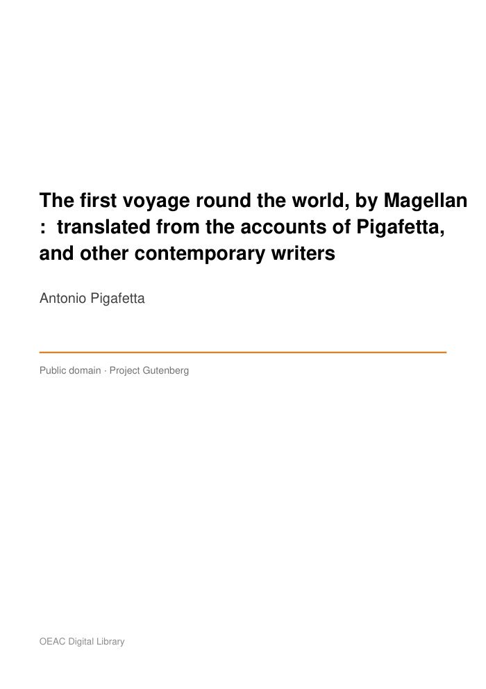 The first voyage round the world, by Magellan :  translated from the accounts of Pigafetta, and other contemporary writers — cover
