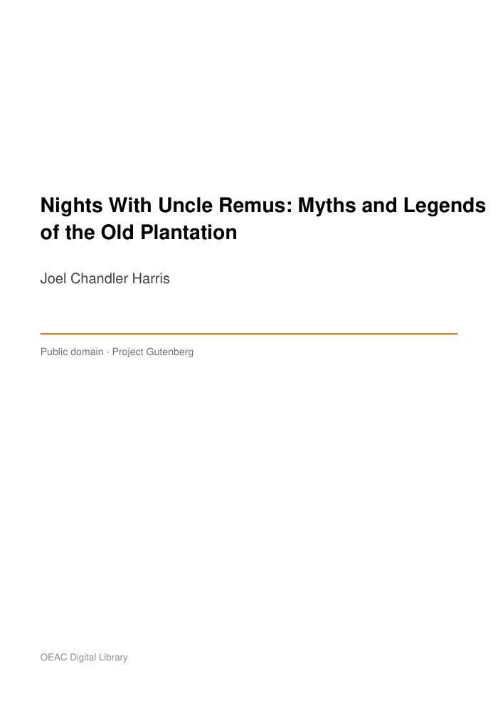 Nights With Uncle Remus: Myths and Legends of the Old Plantation — cover