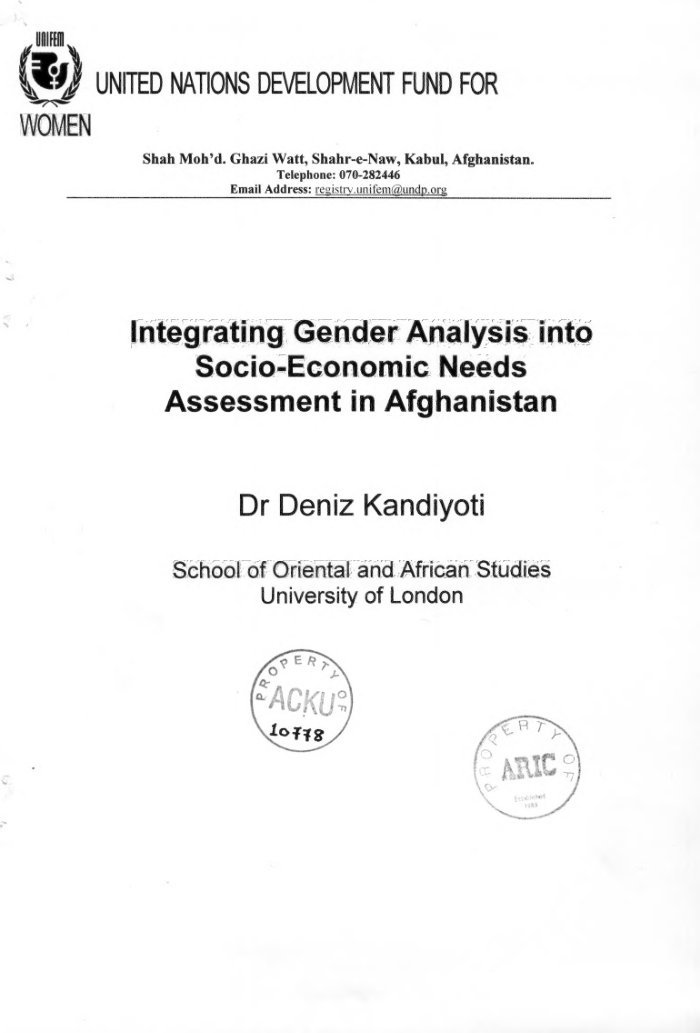 Integrating gender analysis into socio-economic needs assessment in Afghanistan / Deniz Kandiyoti — cover