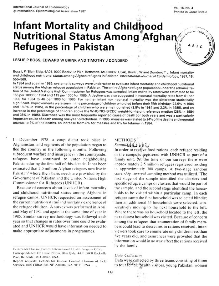 Infant mortality and childhood nutritional status among Afghan refugees in Pakistan / Leslie P. Boss, Edward W. Brink, Timothy J. Dondero cover