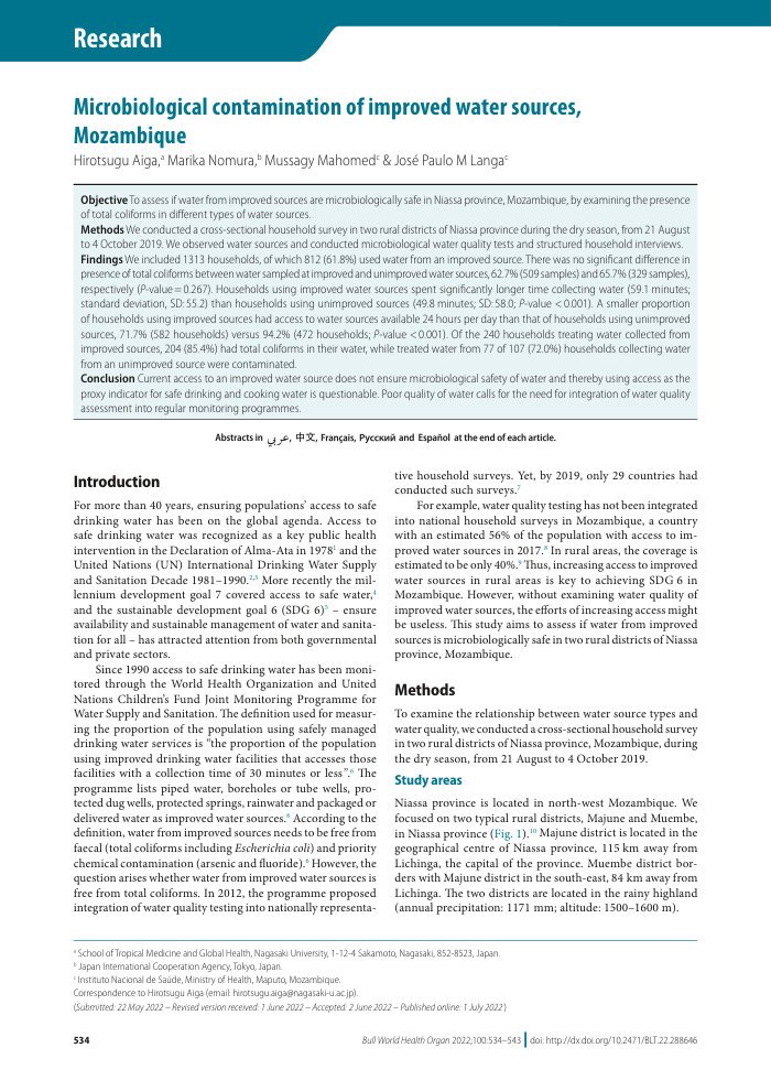 Microbiological contamination of improved water sources, Mozambique cover