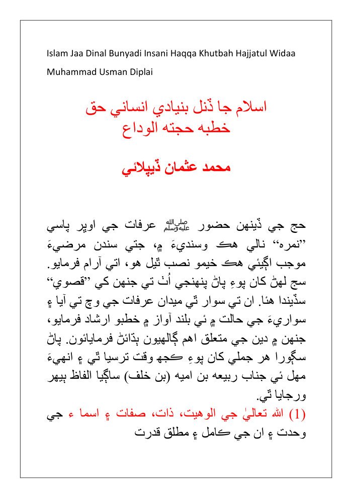 Islam Jaa Dinal Bunyadi Insani Haqqa Khutbah Hajjatul Widaa Muhammad Usman Diplai cover