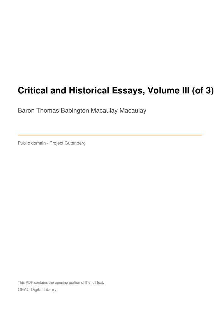 Critical and Historical Essays, Volume III (of 3) cover