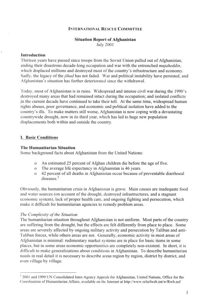 Situation report on Afghanistan / International Rescue Committee (IRC) cover
