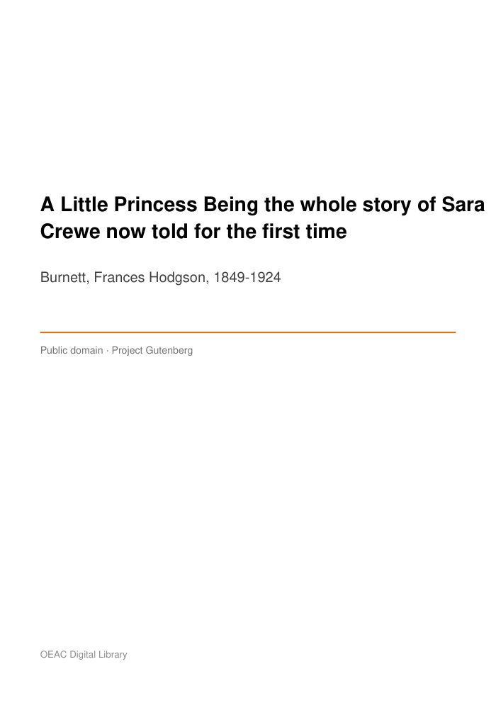 A Little Princess Being the whole story of Sara Crewe now told for the first time — cover