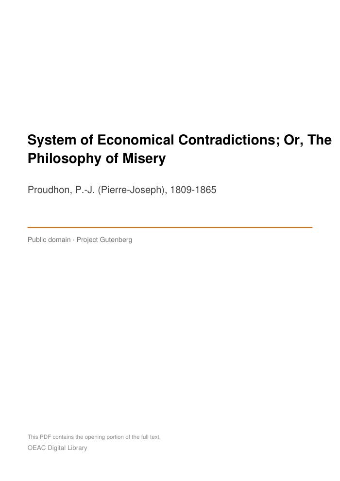 System of Economical Contradictions; Or, The Philosophy of Misery — cover