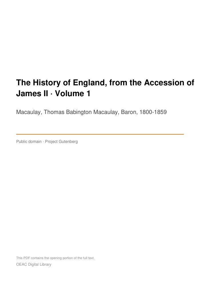 The History of England, from the Accession of James II — Volume 1 — cover