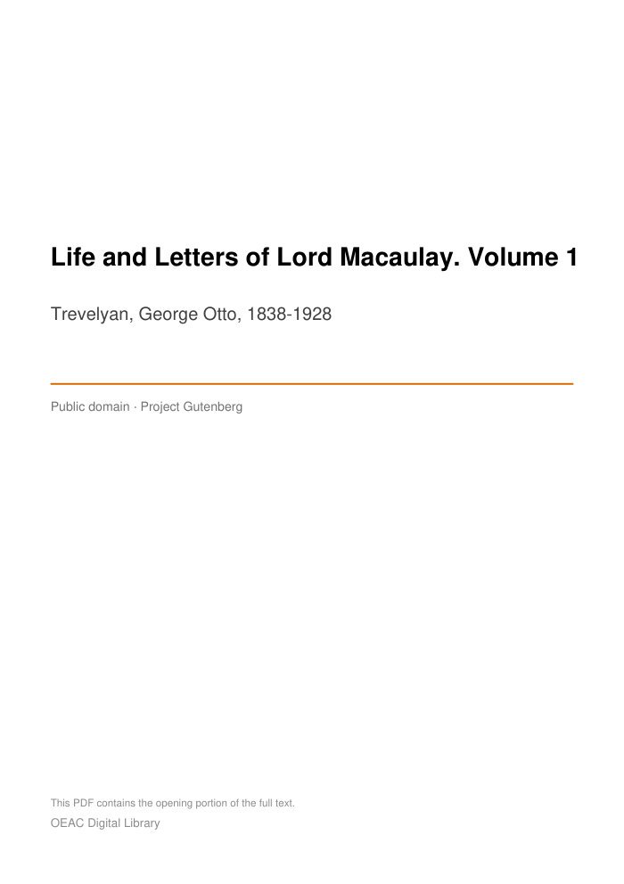 Life and Letters of Lord Macaulay. Volume 1 cover