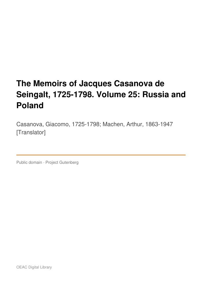 The Memoirs of Jacques Casanova de Seingalt, 1725-1798. Volume 25: Russia and Poland — cover