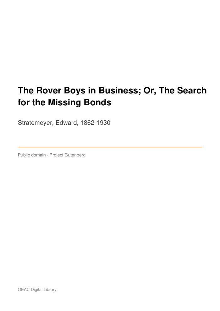 The Rover Boys in Business; Or, The Search for the Missing Bonds — cover