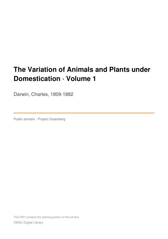 The Variation of Animals and Plants under Domestication — Volume 1 — cover