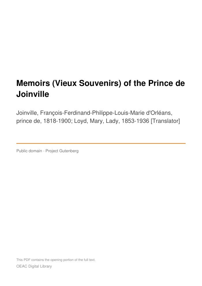 Memoirs (Vieux Souvenirs) of the Prince de Joinville cover