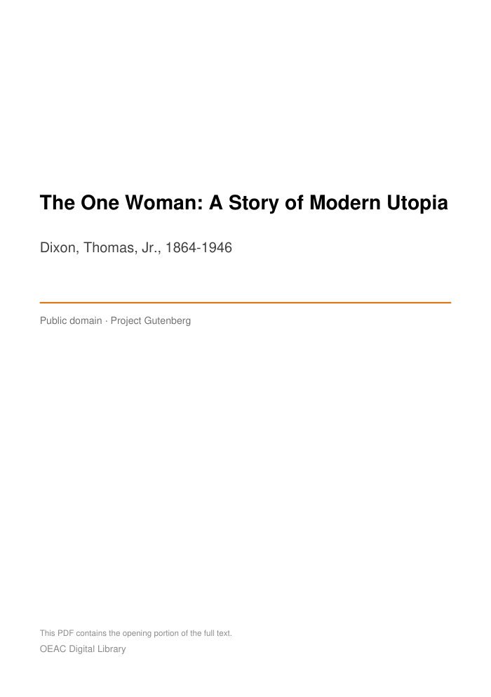 The One Woman: A Story of Modern Utopia — cover