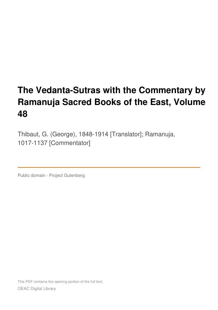 The Vedanta-Sutras with the Commentary by Ramanuja Sacred Books of the East, Volume 48 — cover