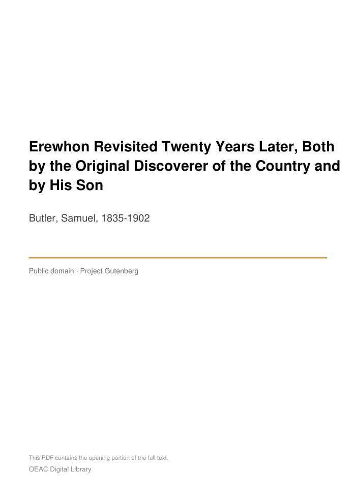 Erewhon Revisited Twenty Years Later, Both by the Original Discoverer of the Country and by His Son — cover