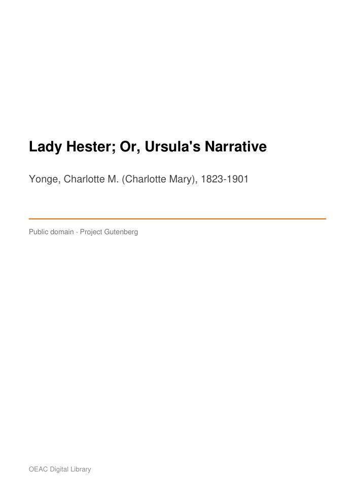 Lady Hester; Or, Ursula's Narrative — cover