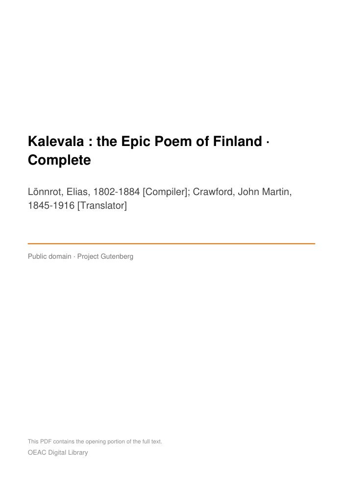 Kalevala : the Epic Poem of Finland — Complete — cover