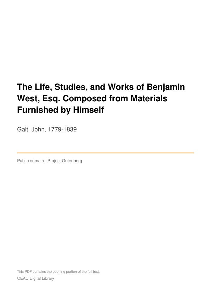 The Life, Studies, and Works of Benjamin West, Esq. Composed from Materials Furnished by Himself — cover