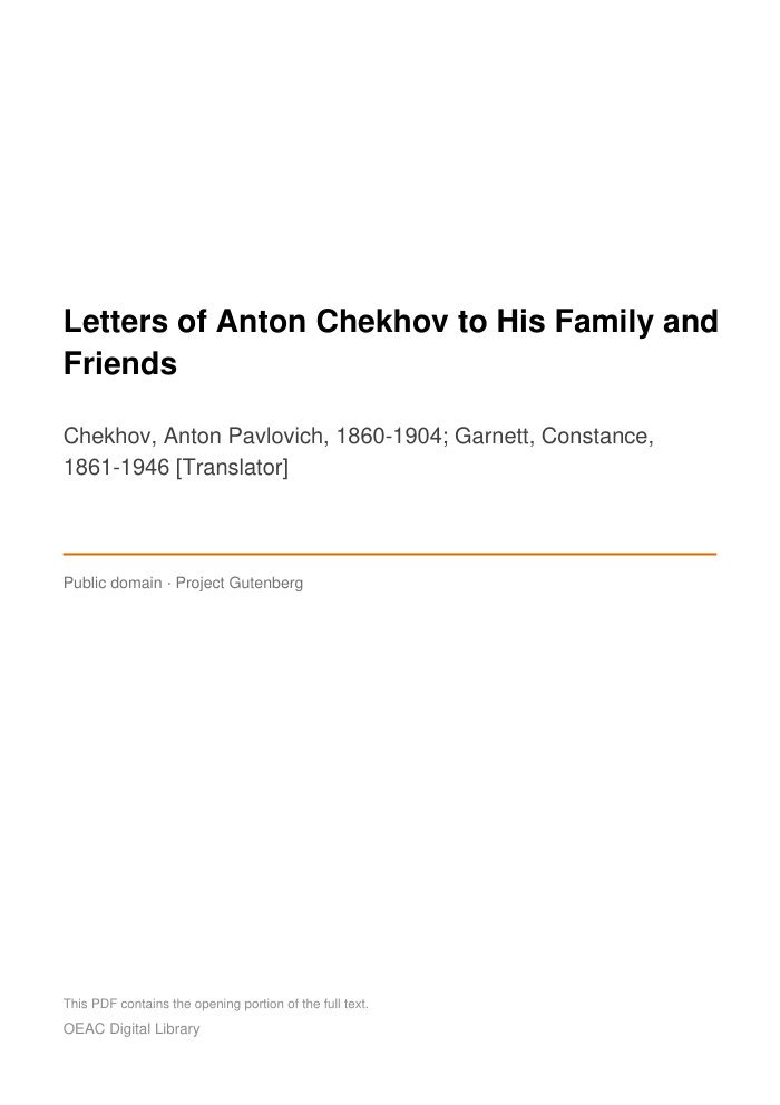 Letters of Anton Chekhov to His Family and Friends cover