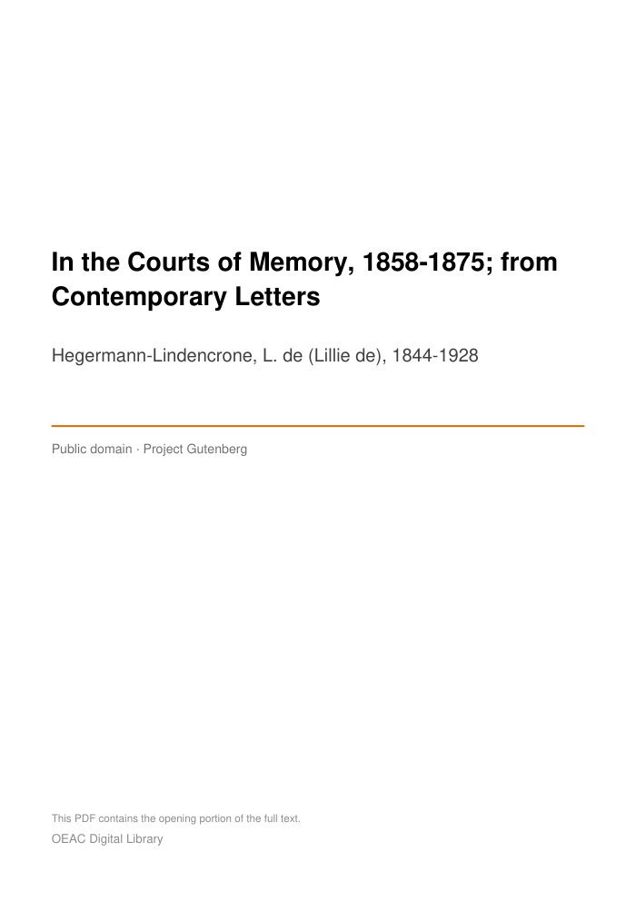 In the Courts of Memory, 1858-1875; from Contemporary Letters cover
