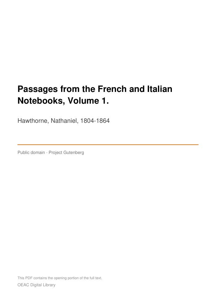 Passages from the French and Italian Notebooks, Volume 1. cover
