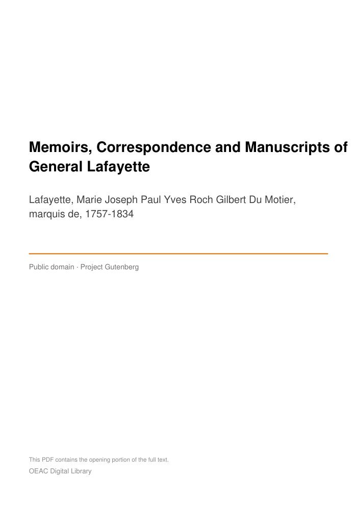 Memoirs, Correspondence and Manuscripts of General Lafayette cover