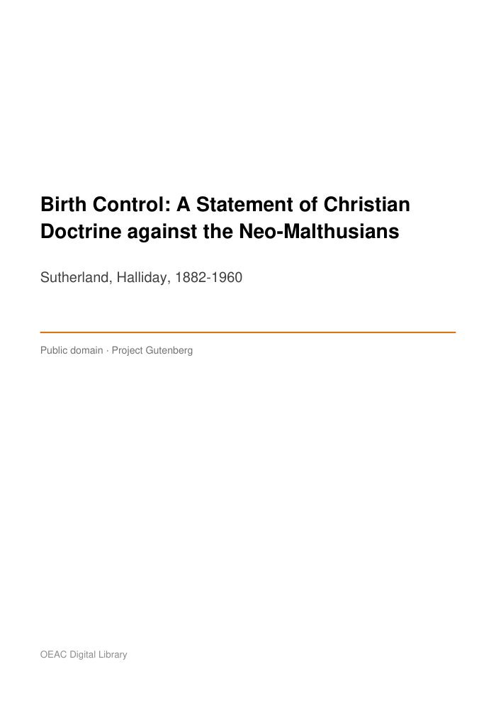 Birth Control: A Statement of Christian Doctrine against the Neo-Malthusians cover