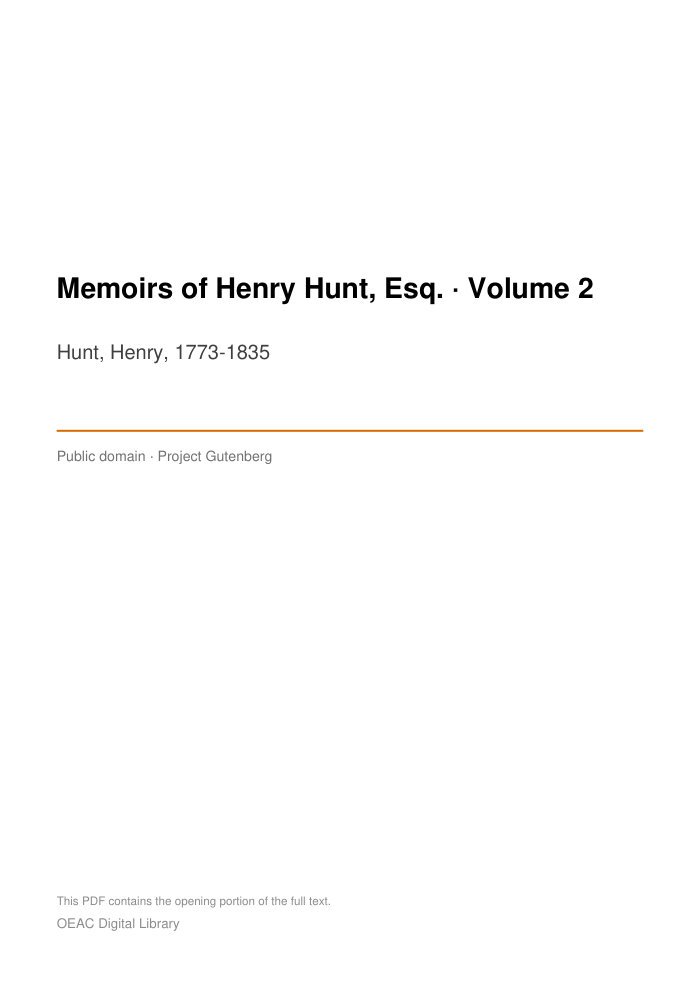 Memoirs of Henry Hunt, Esq. — Volume 2 — cover