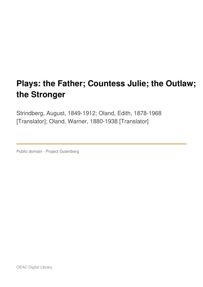 Plays: the Father; Countess Julie; the Outlaw; the Stronger cover