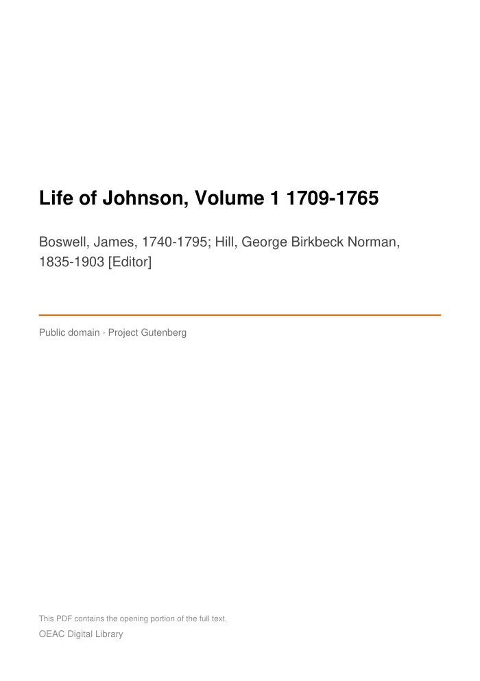 Life of Johnson, Volume 1 1709-1765 — cover