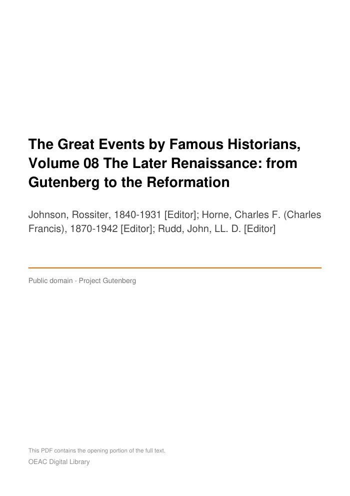 The Great Events by Famous Historians, Volume 08 The Later Renaissance: from Gutenberg to the Reformation — cover