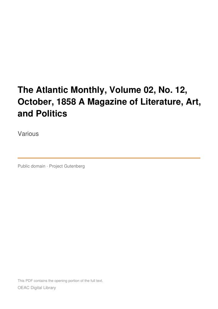 The Atlantic Monthly, Volume 02, No. 12, October, 1858 A Magazine of Literature, Art, and Politics — cover