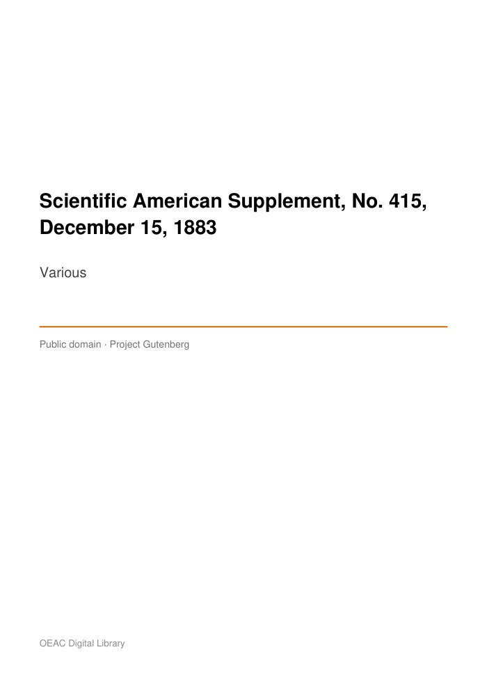 Scientific American Supplement, No. 415, December 15, 1883 — cover