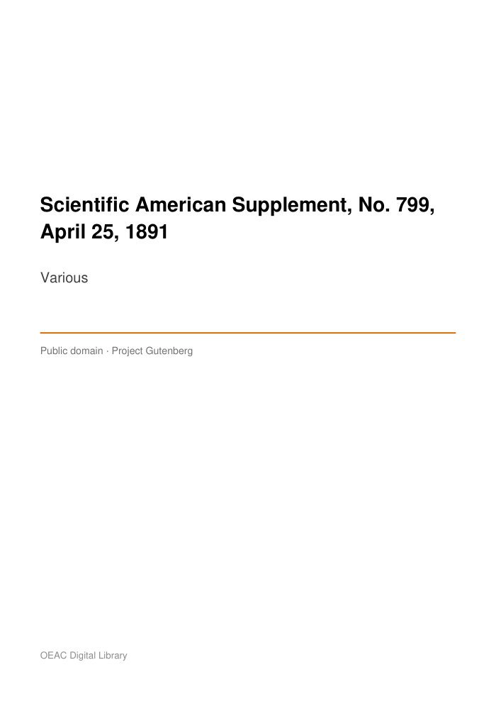 Scientific American Supplement, No. 799, April 25, 1891 cover