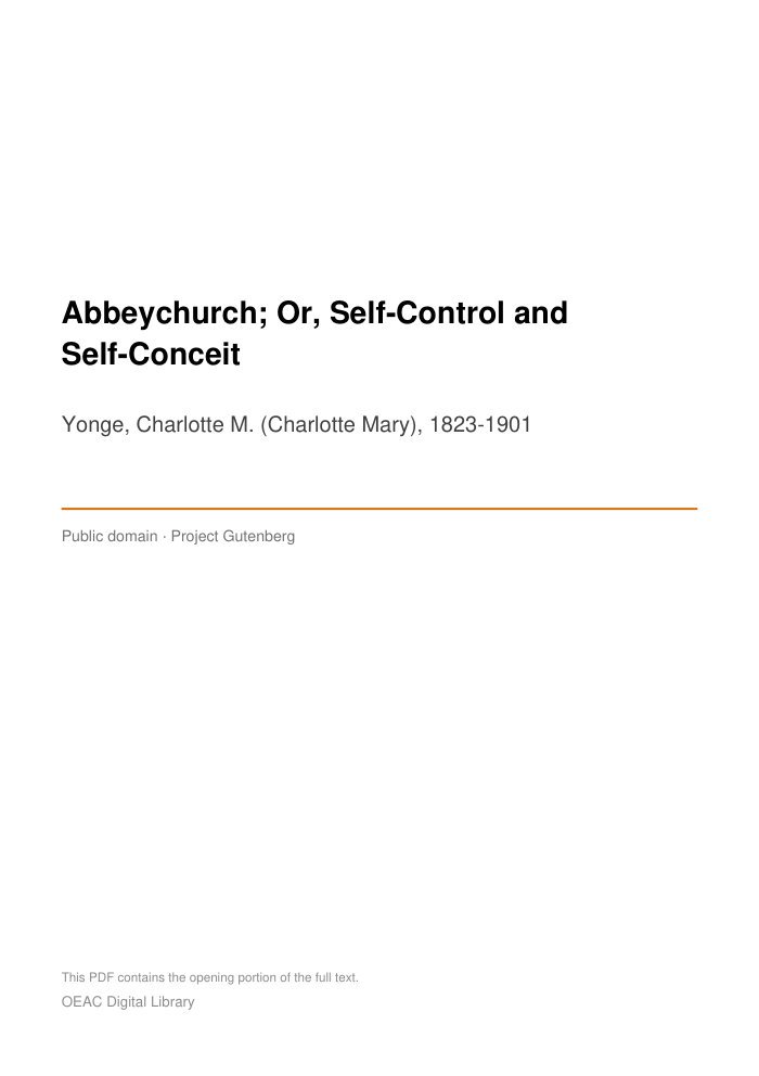 Abbeychurch; Or, Self-Control and Self-Conceit — cover