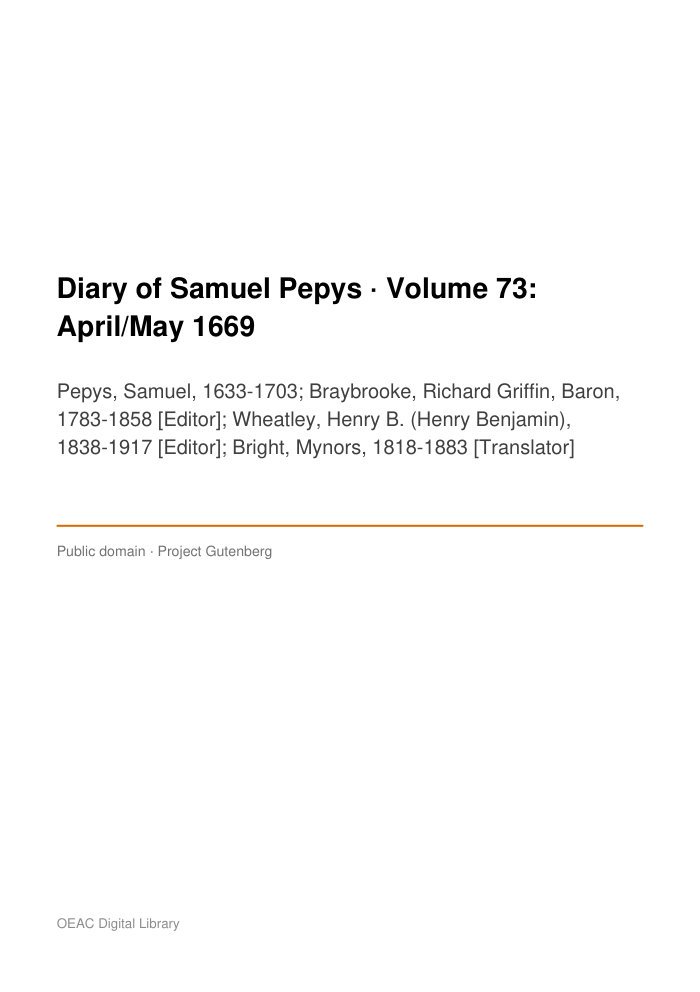 Diary of Samuel Pepys — Volume 73: April/May 1669 cover