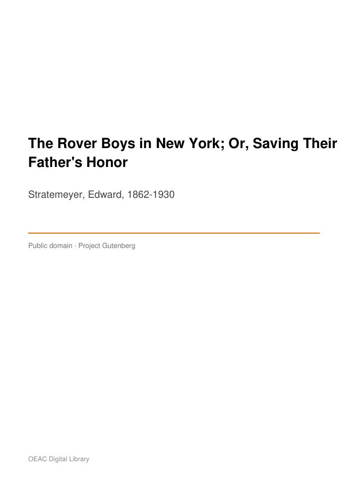 The Rover Boys in New York; Or, Saving Their Father's Honor — cover