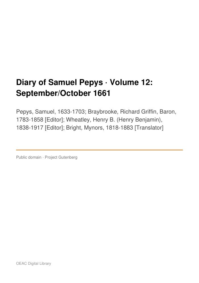 Diary of Samuel Pepys — Volume 12: September/October 1661 cover
