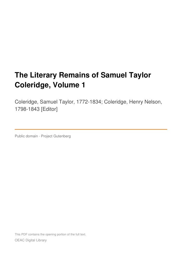 The Literary Remains of Samuel Taylor Coleridge, Volume 1 — cover