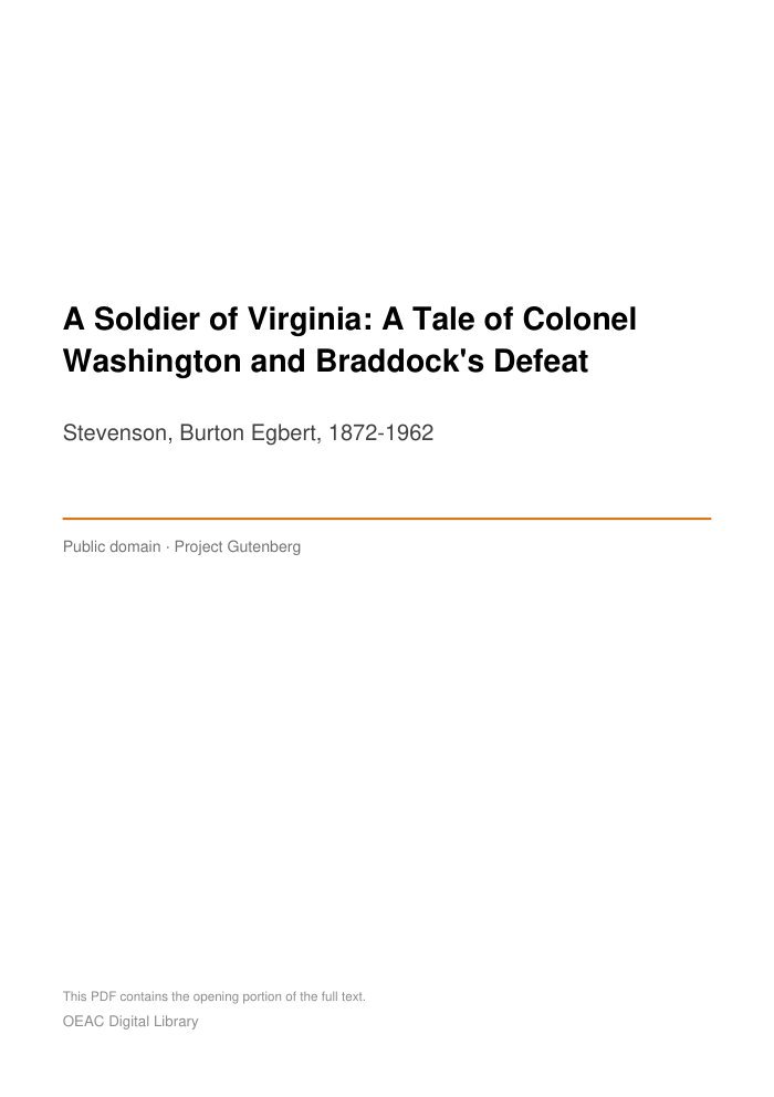 A Soldier of Virginia: A Tale of Colonel Washington and Braddock's Defeat — cover