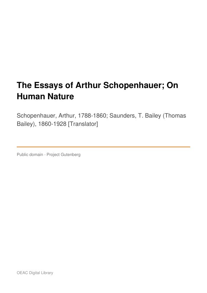 The Essays of Arthur Schopenhauer; On Human Nature — cover