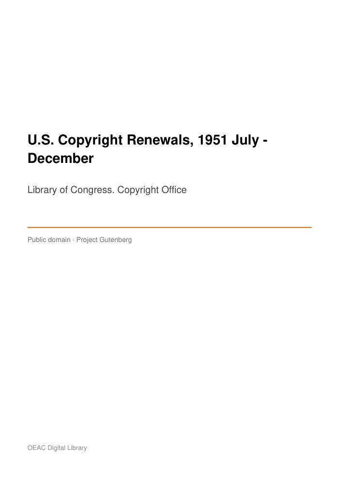 U.S. Copyright Renewals, 1951 July - December — cover