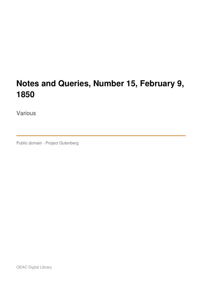 Notes and Queries, Number 15, February 9, 1850 — cover