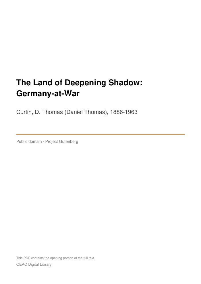 The Land of Deepening Shadow: Germany-at-War cover